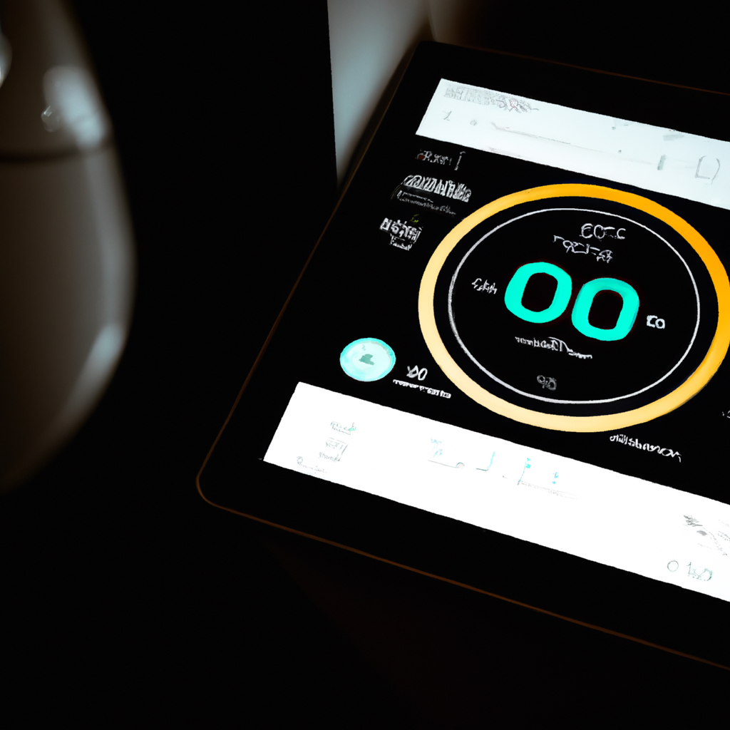 Interfaccia domotica su tablet con dashboard energetica in un appartamento minimal